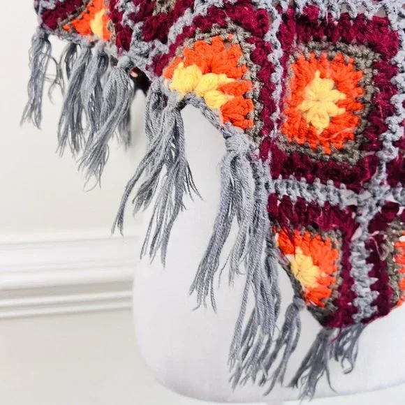 Granny Square Blue, Red, Orange Crocheted Fringe Boho Hippie Fringed Shawl - Picture 3 of 6